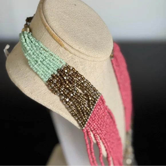 Multi-Strand Blue, Pink and Gold Beaded Statement Necklace - Picture 6 of 7